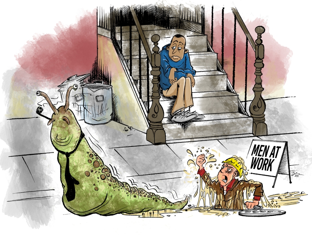 A giant pipe-smoking slug crawls down a sidewalk, dumping slime onto an annoyed city worker in a manhole. A resident looks on from his stoop.